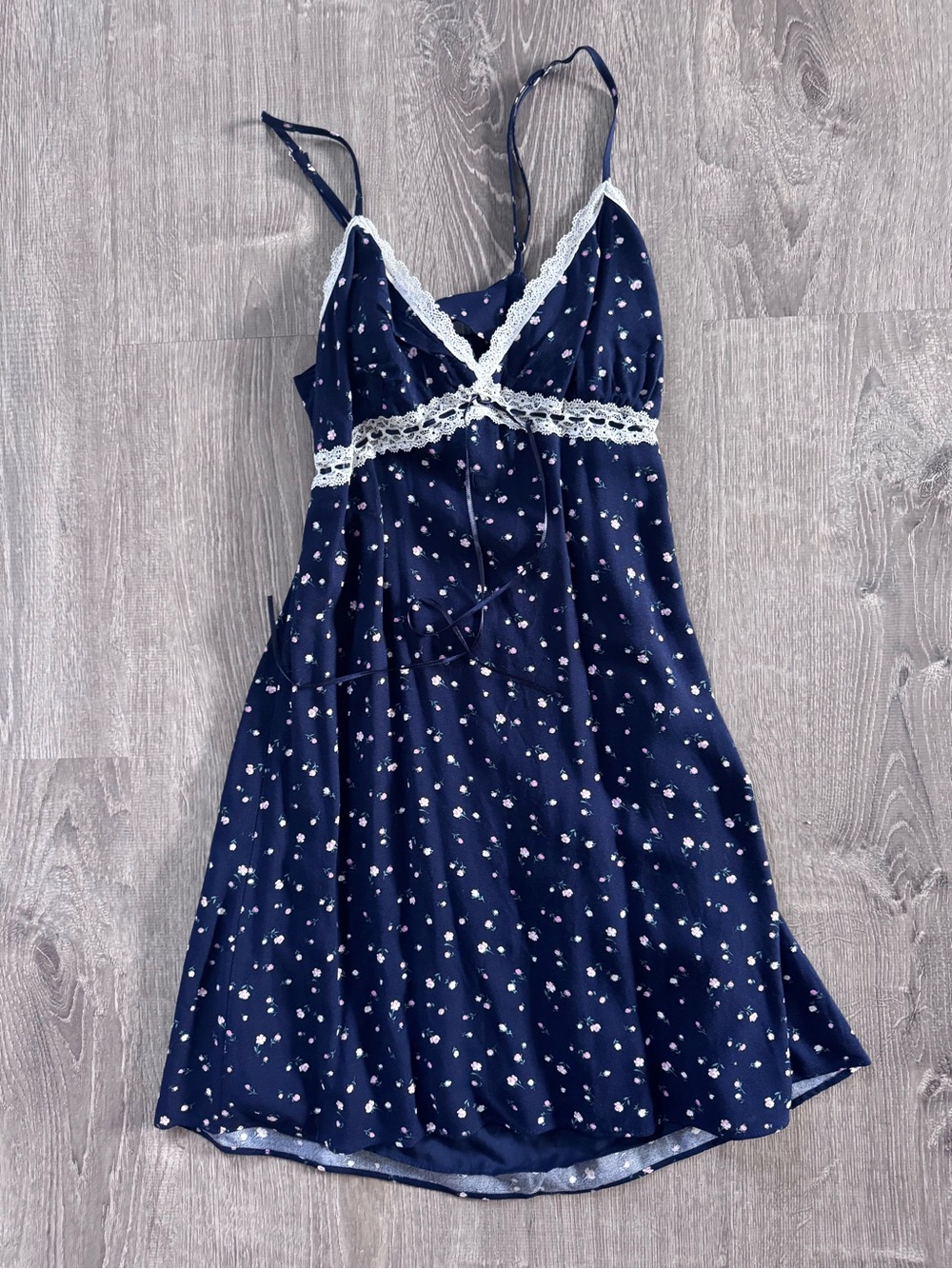 Hollister Navy Blue Floral Slip Dress with White Lace Trim